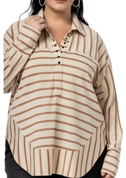 Büyük Beden Kuşgözü Detaylı V Yaka Geniş Kesim Siyah Çizgili Bluz fırsatları