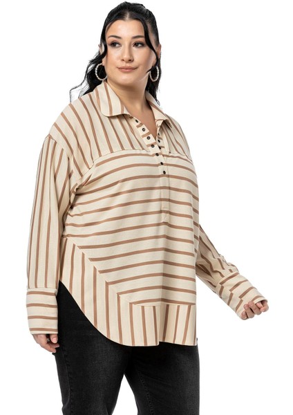 Büyük Beden Kuşgözü Detaylı V Yaka Geniş Kesim Siyah Çizgili Bluz indirimleri