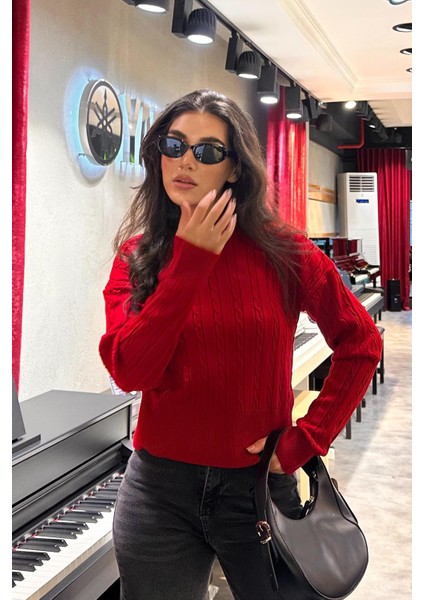 Kırmızı Yarım Balıkçı Yaka Örgülü Triko Kadın Kazak MG2257 fiyatları