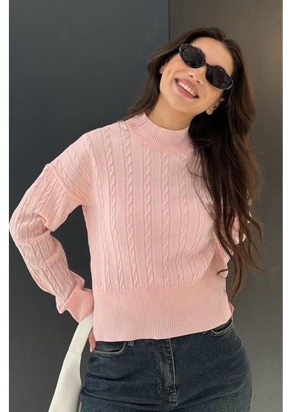 Pembe Yarım Balıkçı Yaka Örgülü Triko Kadın Kazak MG2257 modelleri