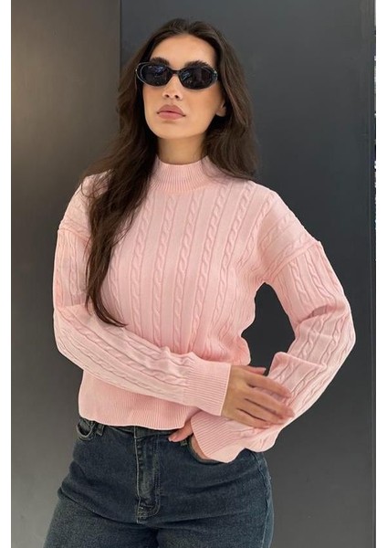 Pembe Yarım Balıkçı Yaka Örgülü Triko Kadın Kazak MG2257 indirimleri