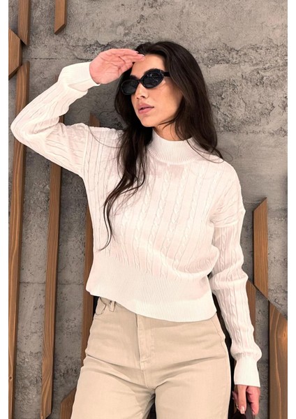 Kemik Rengi Yarım Balıkçı Yaka Örgülü Triko Kadın Kazak MG2257 fiyatları