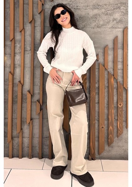 Kemik Rengi Yarım Balıkçı Yaka Örgülü Triko Kadın Kazak MG2257 fırsatları