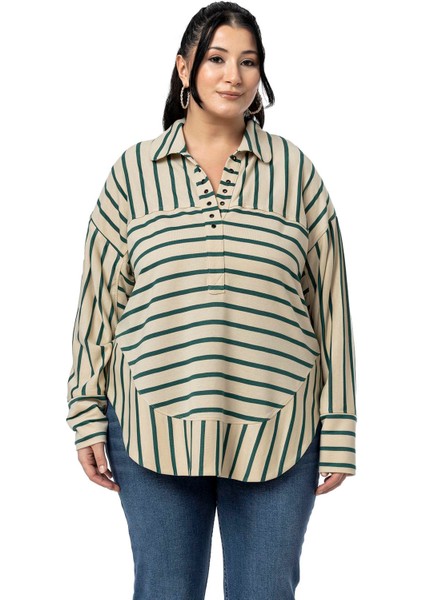 Büyük Beden Kuşgözü Detaylı V Yaka Geniş Kesim Siyah Çizgili Bluz