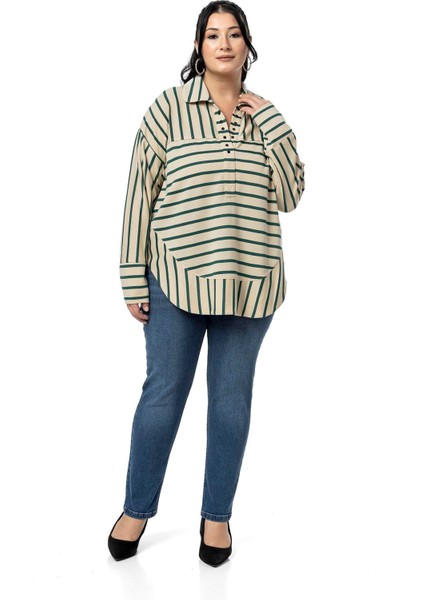 Büyük Beden Kuşgözü Detaylı V Yaka Geniş Kesim Siyah Çizgili Bluz fiyatları