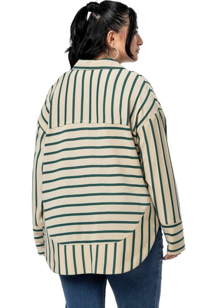 Büyük Beden Kuşgözü Detaylı V Yaka Geniş Kesim Siyah Çizgili Bluz modelleri