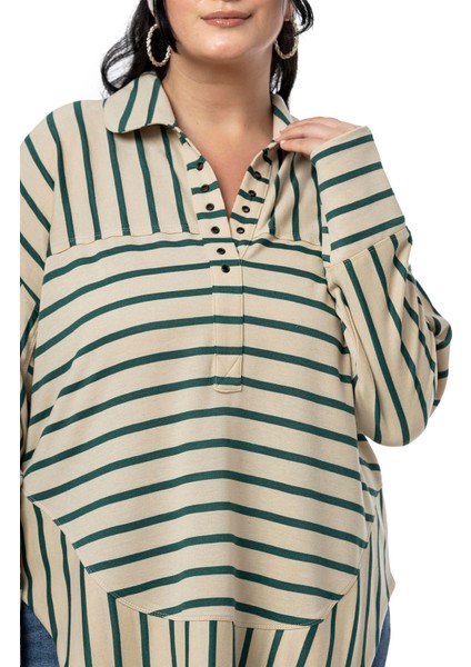 Büyük Beden Kuşgözü Detaylı V Yaka Geniş Kesim Siyah Çizgili Bluz fırsatları