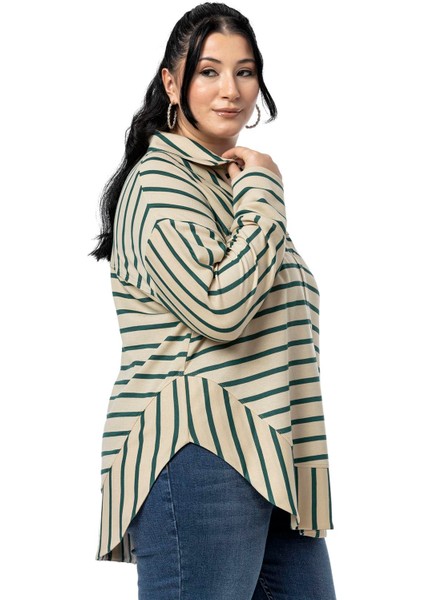 Büyük Beden Kuşgözü Detaylı V Yaka Geniş Kesim Siyah Çizgili Bluz indirimleri