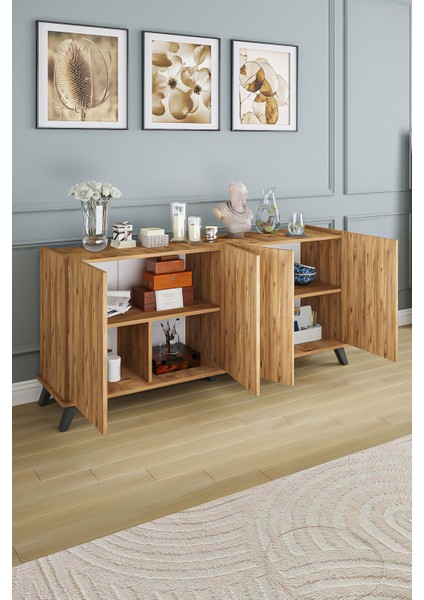 AE-2056 Akel Atlantik Çam 4 Kapaklı Geniş Konsol 180 cm Ayaklı,raflı, Yemek Odası, Tv Sehbası, Modern, indirimleri