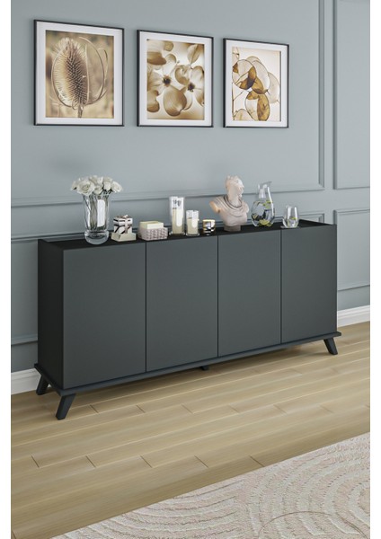 AE-2056 Akel Antrasit 4 Kapaklı Geniş Konsol 180 cm Ayaklı,raflı, Yemek Odası, Tv Sehbası, Modern,