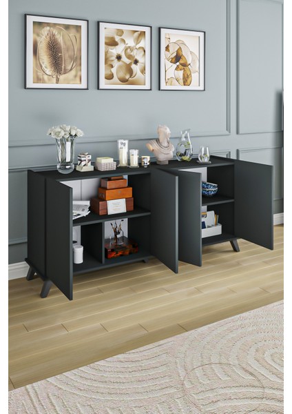 AE-2056 Akel Antrasit 4 Kapaklı Geniş Konsol 180 cm Ayaklı,raflı, Yemek Odası, Tv Sehbası, Modern, indirimleri