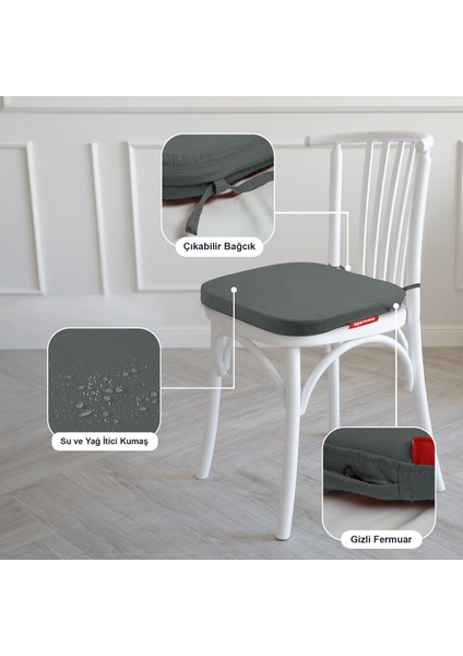 4'lü Standartfit Oval Sandalye Minderi Fermuarlı Yıkanabilir Kılıf Bağcıklı Su ve Yağ Itici 42 x 42 x 5 Antrasit