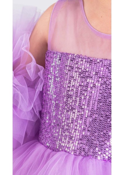 Şifon Robalı Ponpon Kol Pul Payetli Kız Çocuk Kabarık Etek Tütülü Abiye modelleri