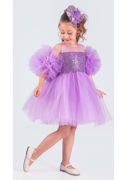 Şifon Robalı Ponpon Kol Pul Payetli Kız Çocuk Kabarık Etek Tütülü Abiye fiyatları