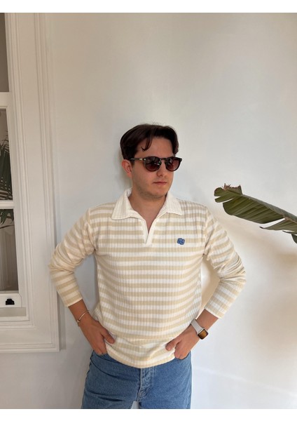Bej Çizgili Polo Yaka Triko Kazak