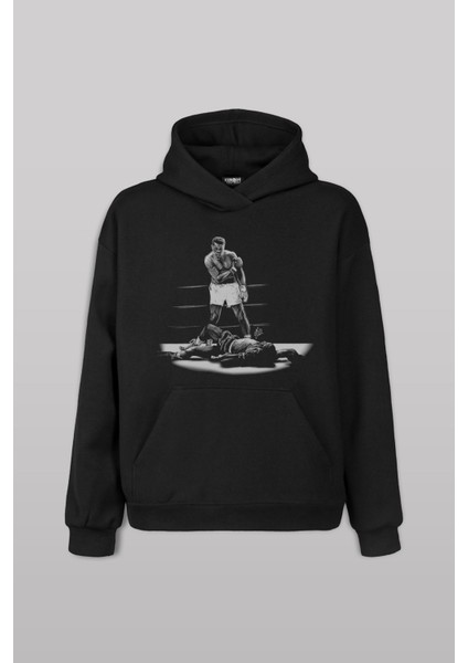Siyah Sweat Muhammed Ali Box Boks Spor Ön Baskılı Sweatshirt Unisex Kapüşonlu Hoodie