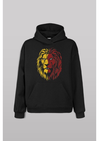 Aslan Kafası Sarı Kırmızı Yeleli Lion Ön Baskılı Sweatshirt Unisex Kapüşonlu Hoodie