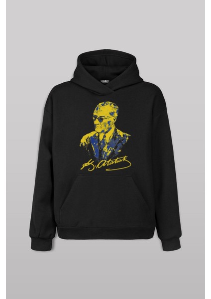 Atatürk Sarı Lacivert Ön Baskılı Sweatshirt Unisex Kapüşonlu Hoodie