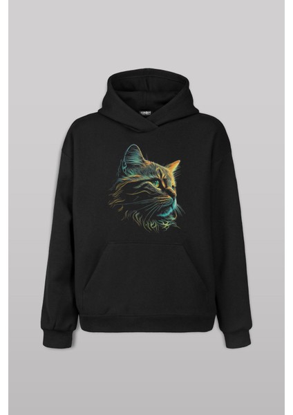 Bıyıklı Kedi Minimal Çizim 3D Efektli Realist Siyah Ön Baskılı Sweatshirt Unisex Kapüşonlu Hoodie