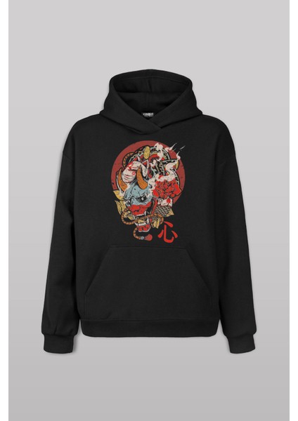 Hannya Maske Oni Japanese Demon Mask Japon Ön Baskılı Sweatshirt Unisex Kapüşonlu Hoodie
