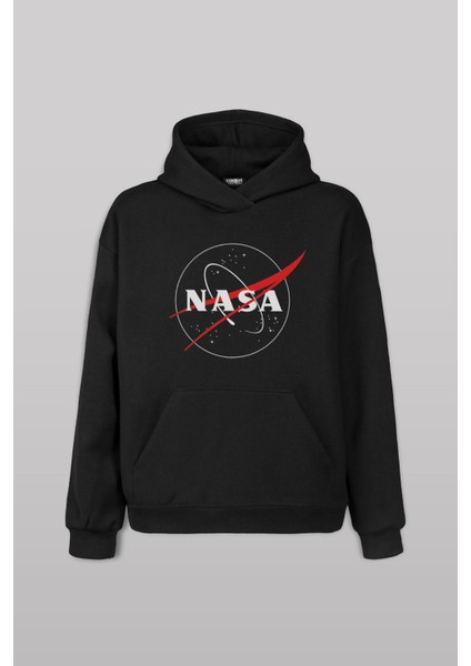 Siyah Sweat Nasa Logosu Uzay Cosmos Ön Baskılı Sweatshirt Unisex Kapüşonlu Hoodie Sweet