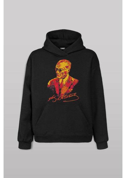 Karizma Gözlüklü Atatürk Sarı Kırmızı Lion Ön Baskılı Sweatshirt Unisex Kapüşonlu Hoodie