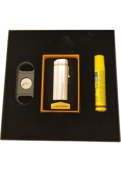 Premiumquality Çakmak Kesici Gaz Gümüş Üçlü Puro Seti