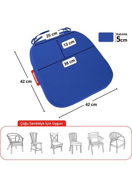 4'lü Standartfit Oval Sandalye Minderi Fermuarlı Yıkanabilir Kılıf Bağcıklı Su ve Yağ Itici 42 x 42 x 5 Mavi