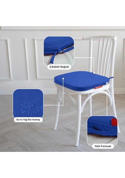 4'lü Standartfit Oval Sandalye Minderi Fermuarlı Yıkanabilir Kılıf Bağcıklı Su ve Yağ Itici 42 x 42 x 5 Mavi