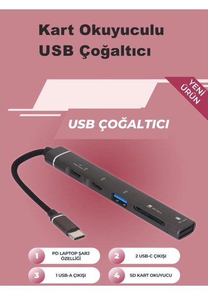 Type-C Hub, 5in1, 2 Adet Type-C, 1 Adet Usb-A Çoklayıcı, Tf Kart Girişli USB C Hub Adaptörü Sd Kart Okuyucu Macbook ile Uyumlu H02 ZR888