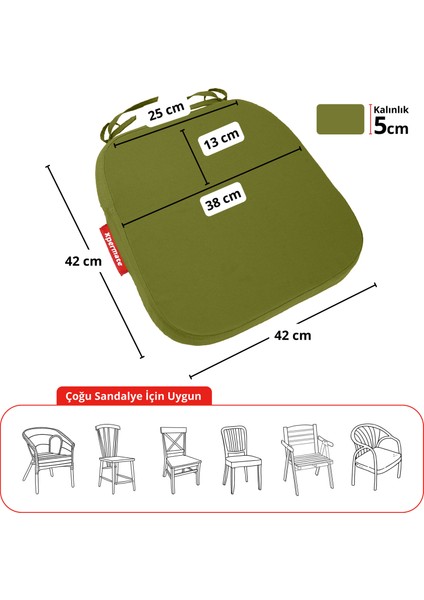 4'lü Standartfit Oval Sandalye Minderi Fermuarlı Yıkanabilir Kılıf Bağcıklı Su ve Yağ Itici 42 x 42 x 5 Yeşil