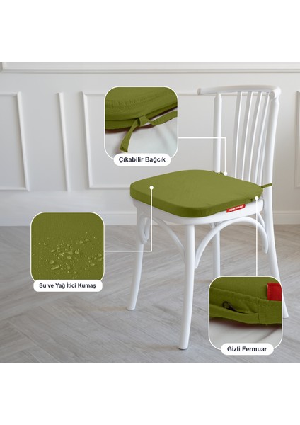 4'lü Standartfit Oval Sandalye Minderi Fermuarlı Yıkanabilir Kılıf Bağcıklı Su ve Yağ Itici 42 x 42 x 5 Yeşil