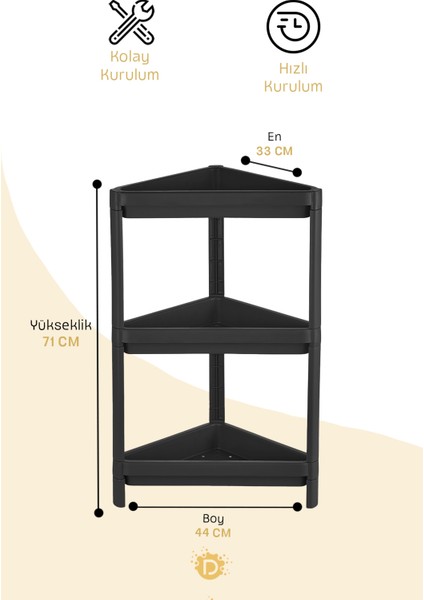 Vesken 3 Katlı Modüler Üçgen Raf Ünitesi 33 x 44 x 71 cm Mutfak Rafı, Banyo Rafı