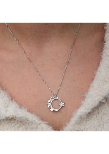 Gümüş Desenli Ay Yıldız Kadın Kolye indirimleri