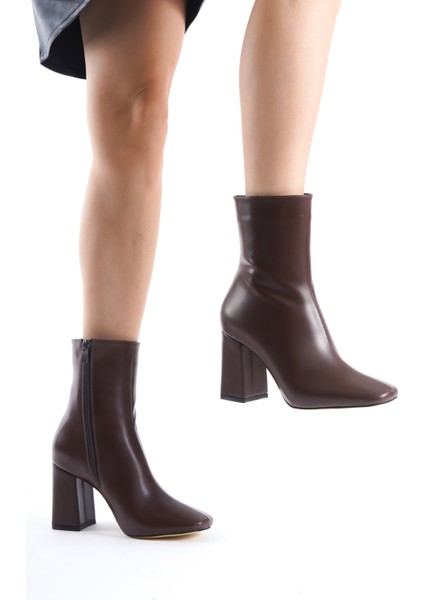 Kadın TLL Kahve Cilt Kalın Topuk Bot
