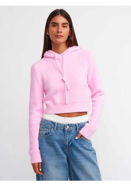10486 Yumuşak Dokulu Kapşonlu Crop Kazak-Pembe