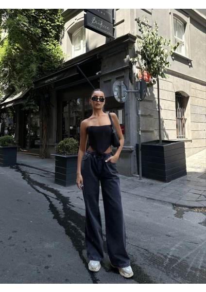 Arkadan Yırtmaçlı Jeans Kot Palazzo Pantolon - Siyah