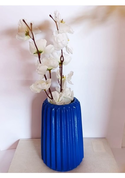 Mavi Çizgili Büyük Boy Vazo Konik Iskandinav Tarz Bohem Uzun Çizgili Vazo 15 x 10 cm .