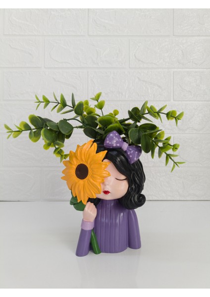 Ayçiçekli Kızdekoratif Beton Saksı,kalemlik