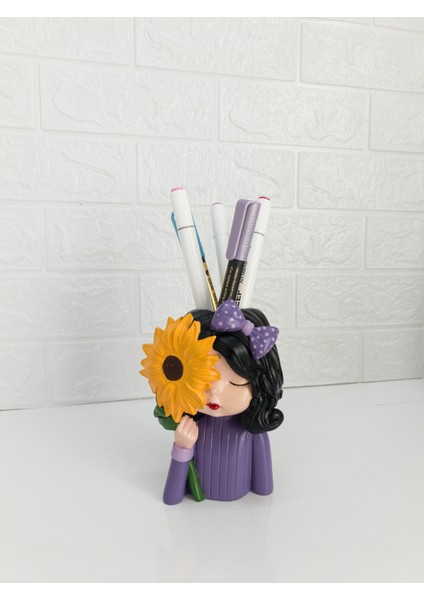 Ayçiçekli Kızdekoratif Beton Saksı,kalemlik modelleri