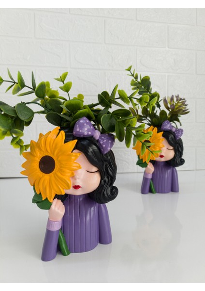 Ayçiçekli Kızdekoratif Beton Saksı,kalemlik fırsatları