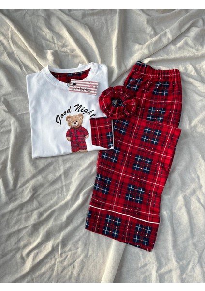 Good Night Pijamalı Tedy Pötikare Cepli Kadın Pijama Takımı(Sadece Kadın)