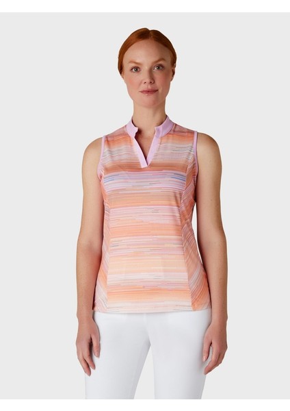 Striped Sl Chev Placket Kolsuz Kadın Tshirt