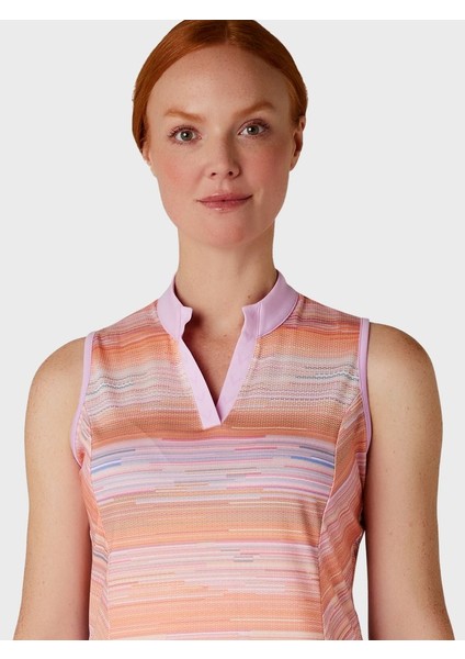 Striped Sl Chev Placket Kolsuz Kadın Tshirt