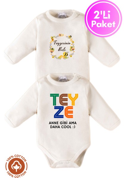 Unisex Pamuklu Teyze Baskılı 0-12 Ay 2li Uzun Kollu Bebek Body Zıbın