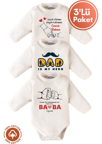 Unisex Pamuklu Baba Baskılı 0-12 Ay 3lu Uzun Kollu Bebek Body Zıbın