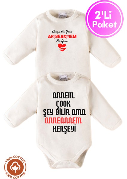 Unisex Pamuklu Anneanne Baskılı 0-12 Ay 2li Uzun Kollu Bebek Body Zıbın