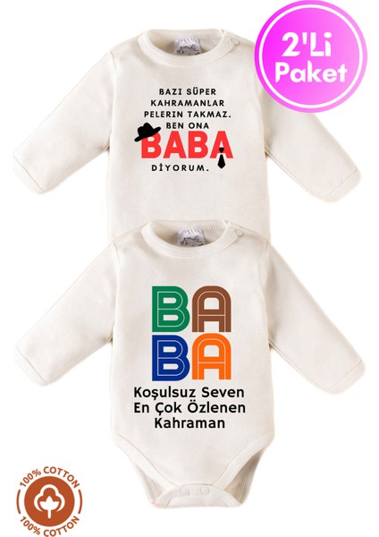 Unisex Pamuklu Baba Baskılı 0-12 Ay 2li Uzun Kollu Bebek Body Zıbın