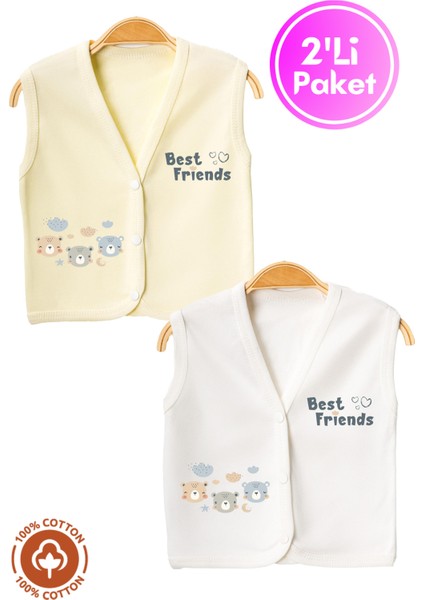 Unisex Bebek Friends Ayıcık Baskılı Organik Pamuklu 3-6-9 Ay 2li Penye Bebek Yelek Set