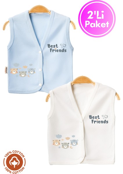 Unisex Bebek Friends Ayıcık Baskılı Organik Pamuklu 3-6-9 Ay 2li Penye Bebek Yelek Set